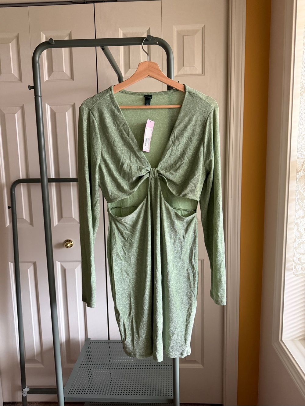 Wild Fable Metallic Long Sleeve Sage Green Cutout Dress with Front Knot